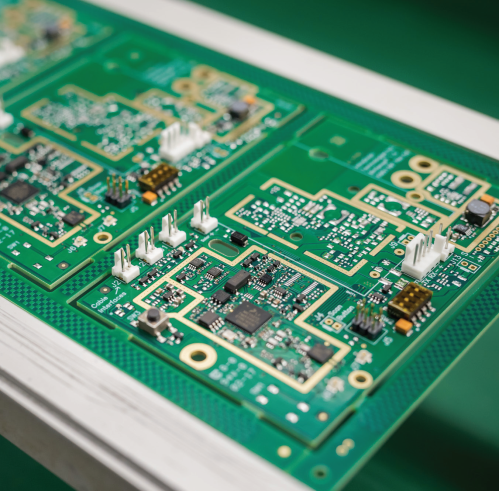 Close-up view of a green circuit board with various electronic components including microchips, resistors, and connectors.